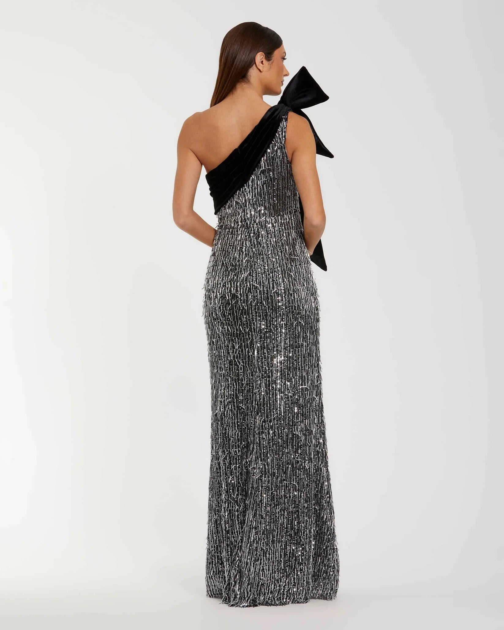 One Shoulder Embellished Gown With Velvet Bow - Black