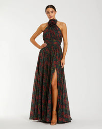 Mac Duggal Black Floral Print Halter Neck Gown with Rosette Detail #27692