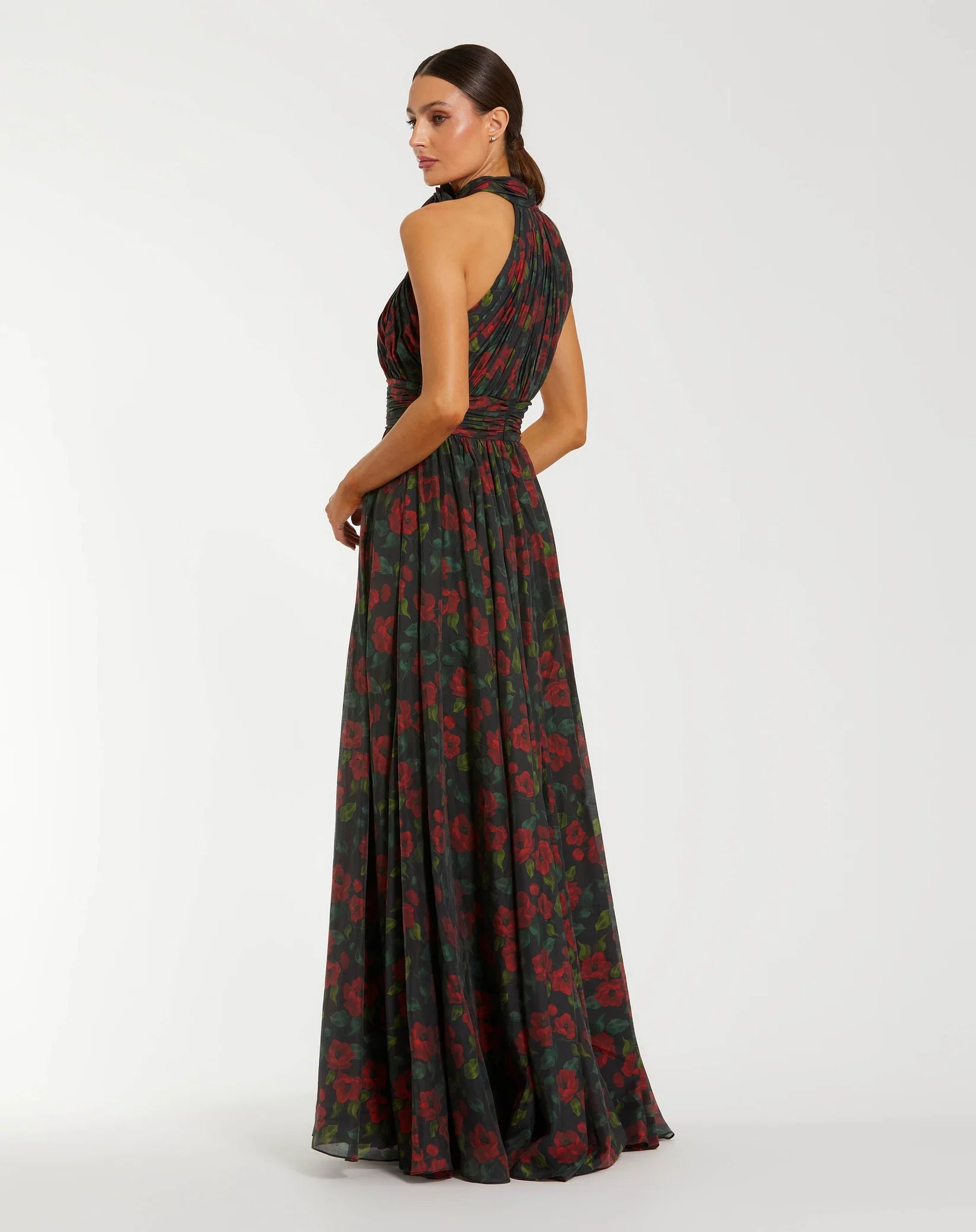 Floral Print Halter Neck Gown with Rosette Detail - Black