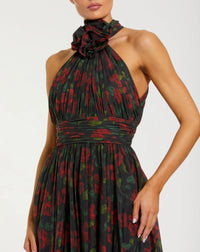 Floral Print Halter Neck Gown with Rosette Detail - Black