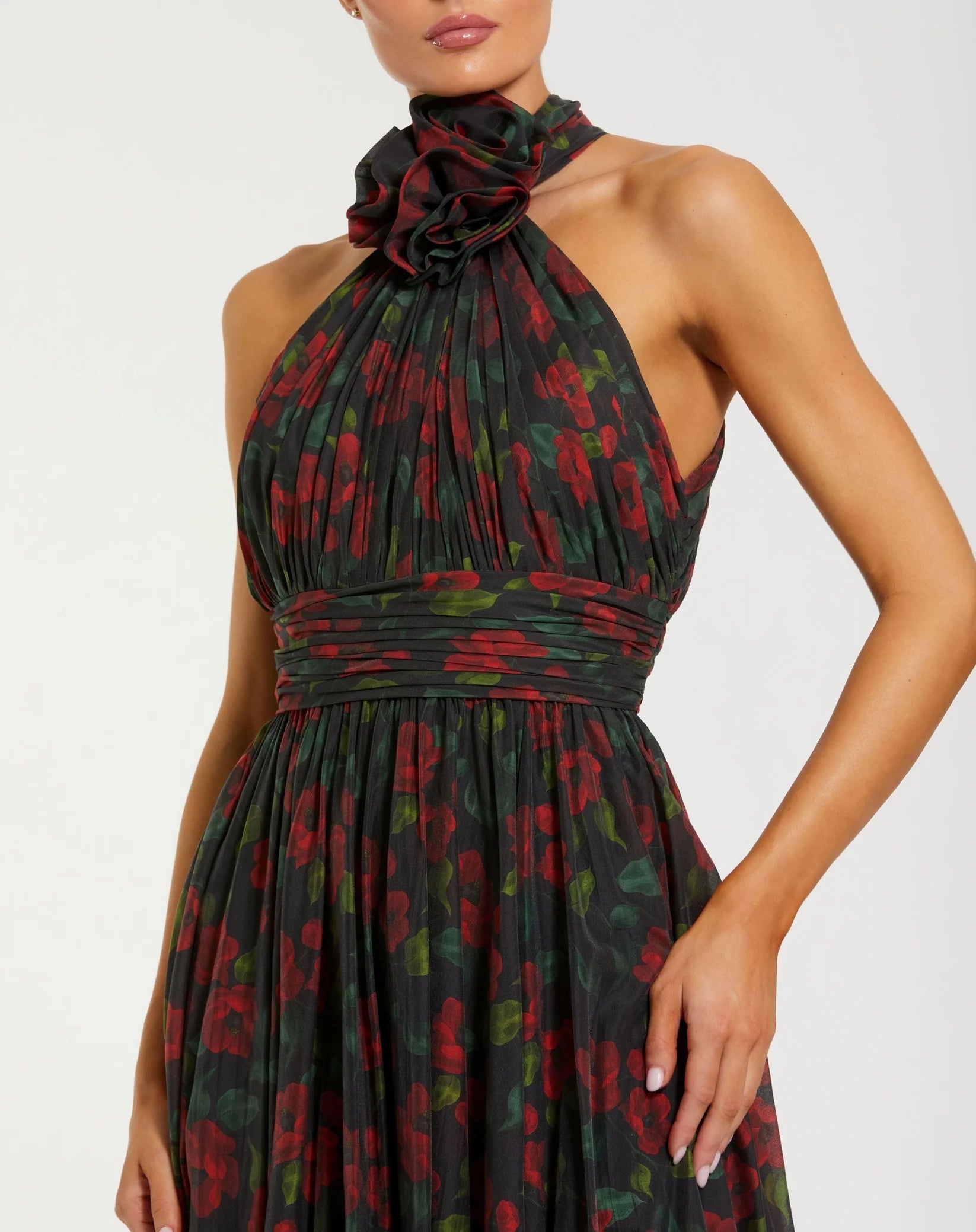 Floral Print Halter Neck Gown with Rosette Detail - Black