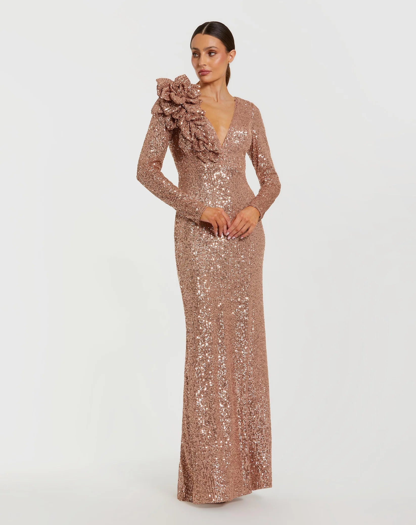 Long Sleeve V Neck Sequin Gown With Flower - Copper