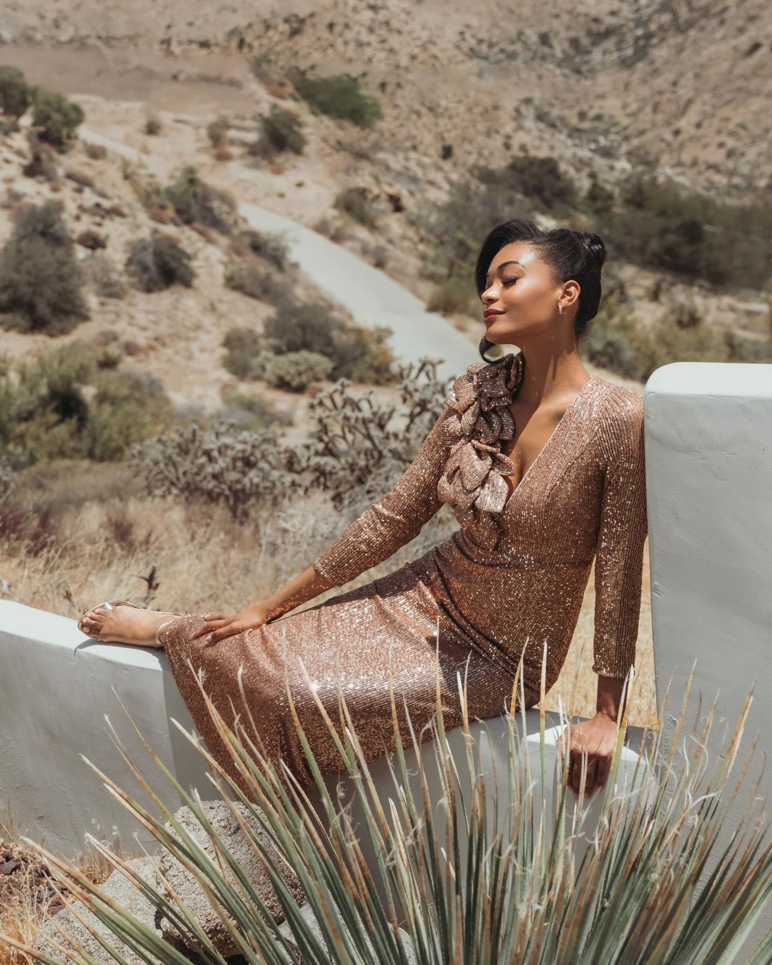 Long Sleeve V Neck Sequin Gown With Flower - Copper