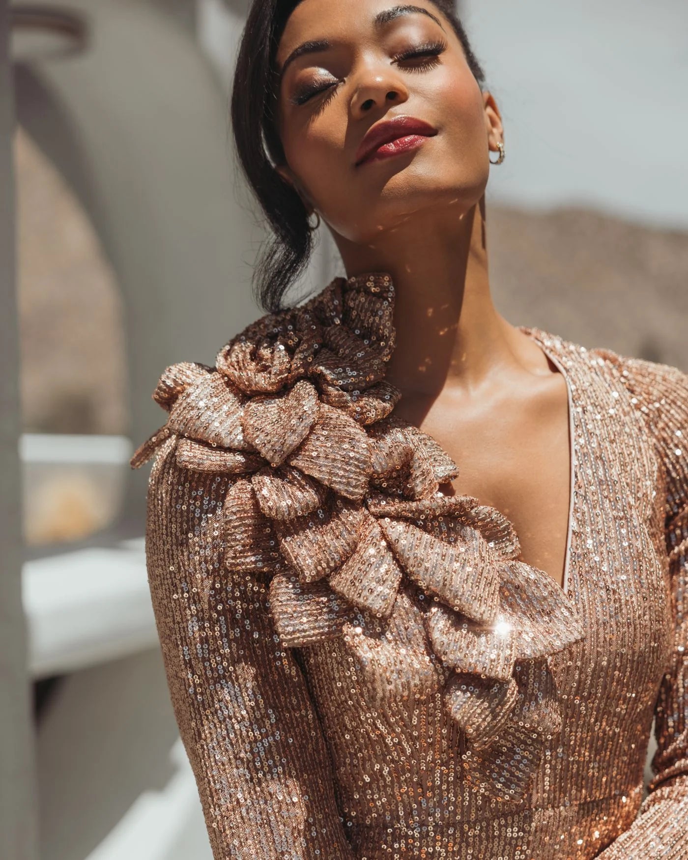 Long Sleeve V Neck Sequin Gown With Flower - Copper