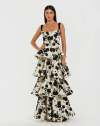 Black and White Floral Boucle Tiered Ruffle Gown - Black