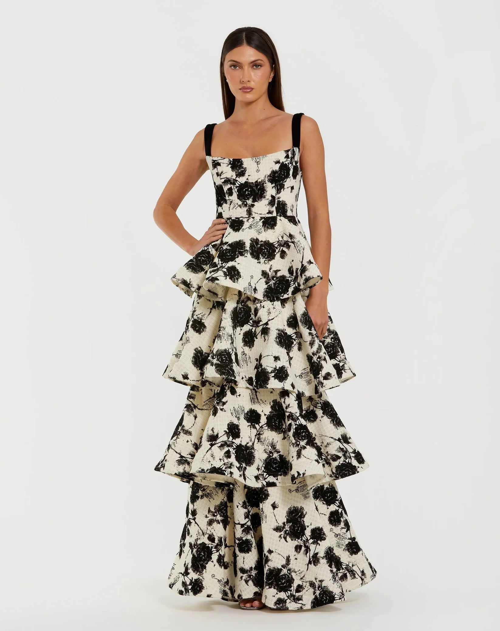 Black and White Floral Boucle Tiered Ruffle Gown - Black