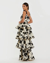 Black and White Floral Boucle Tiered Ruffle Gown - Black