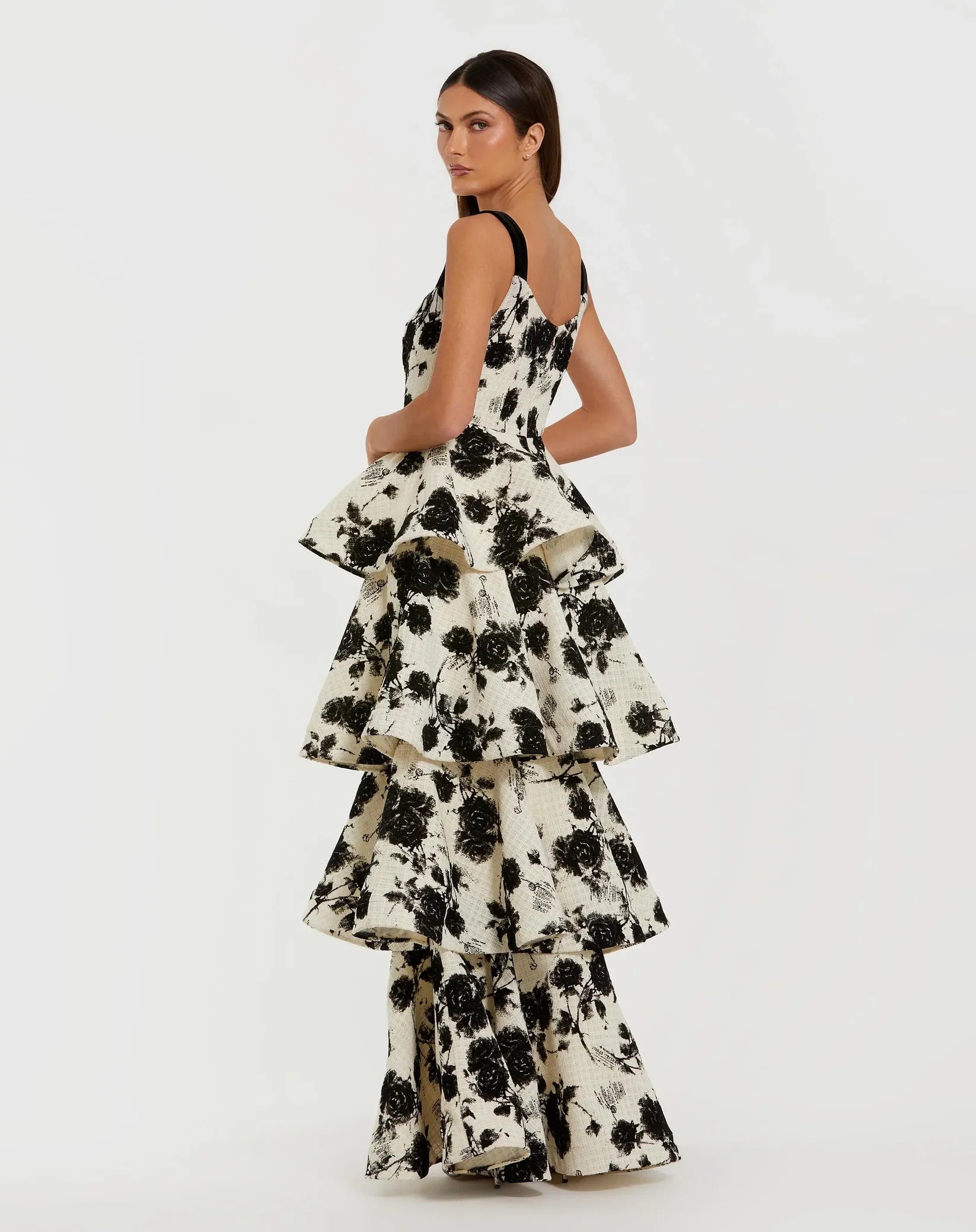 Black and White Floral Boucle Tiered Ruffle Gown - Black