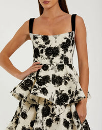 Black and White Floral Boucle Tiered Ruffle Gown - Black