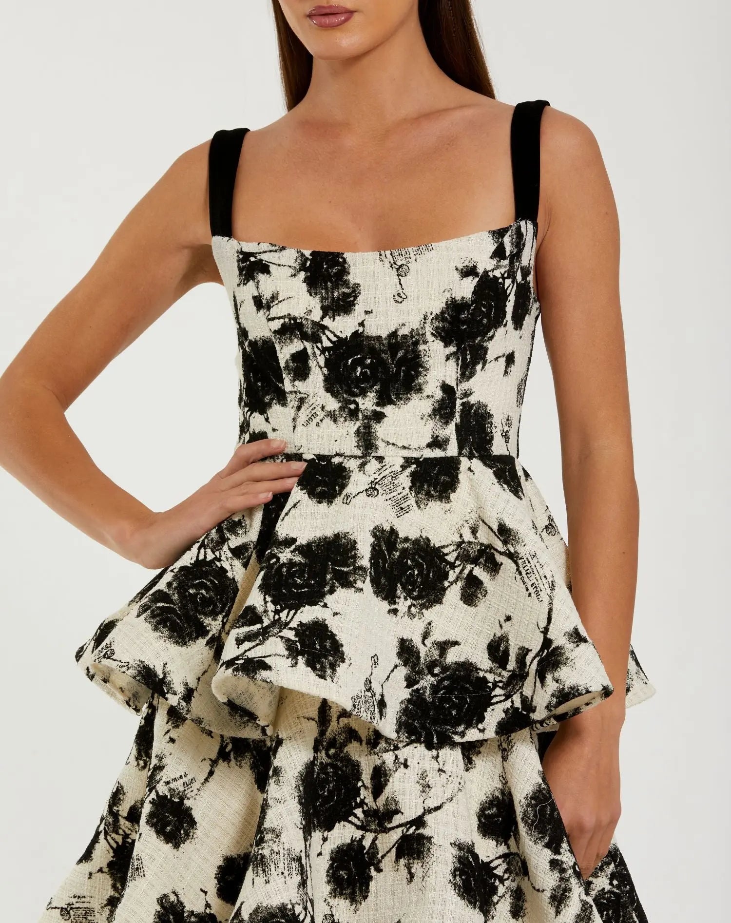 Black and White Floral Boucle Tiered Ruffle Gown - Black