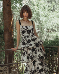 Black and White Floral Boucle Tiered Ruffle Gown - Black