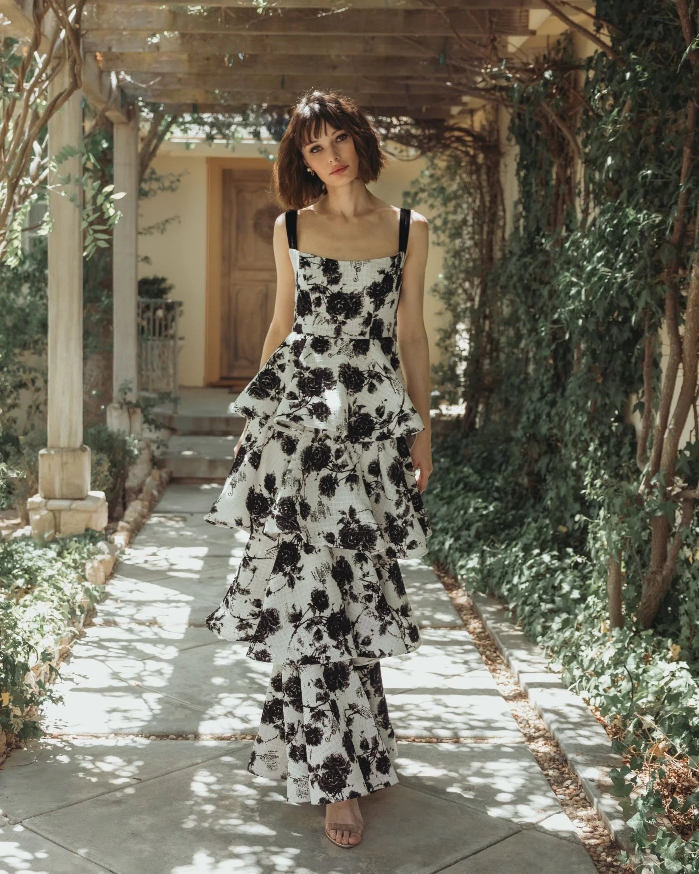 Black and White Floral Boucle Tiered Ruffle Gown - Black