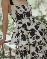 Black and White Floral Boucle Tiered Ruffle Gown - Black