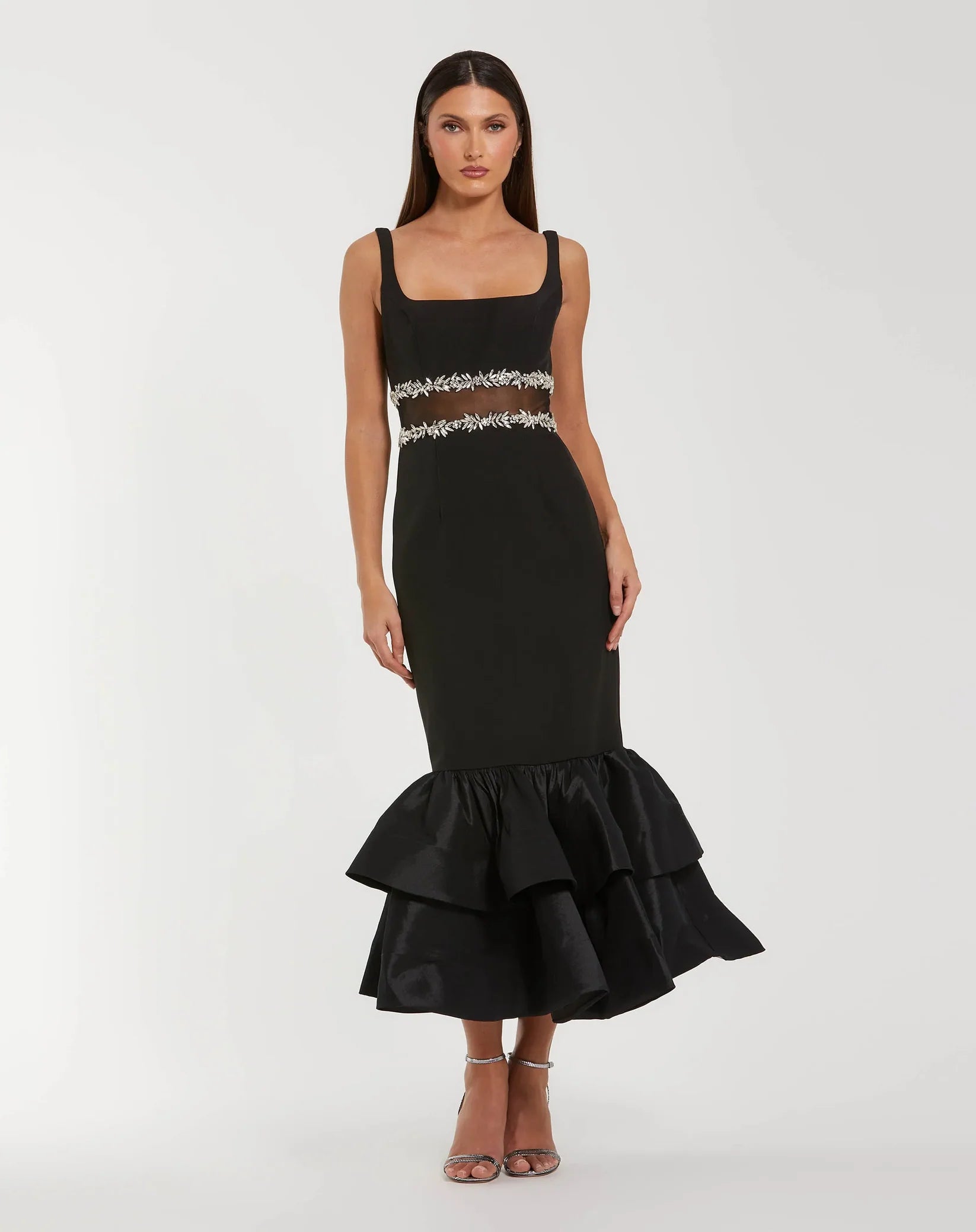 Crepe Ruffle Hem Midi Dress With Jewel Detail - Black
