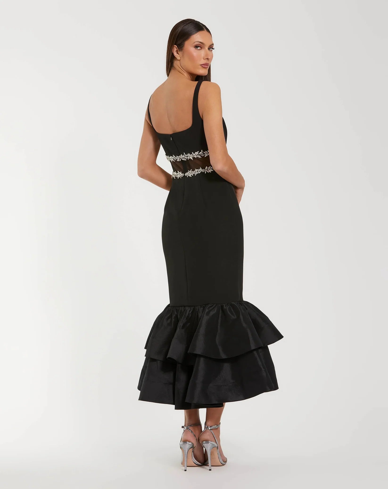 Crepe Ruffle Hem Midi Dress With Jewel Detail - Black