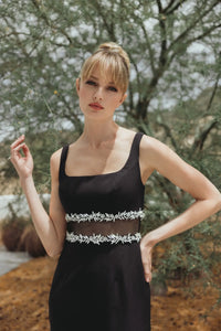 Crepe Ruffle Hem Midi Dress With Jewel Detail - Black