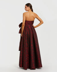 Strapless Brocade Gown With Bow Detail - Ruby