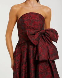 Strapless Brocade Gown With Bow Detail - Ruby