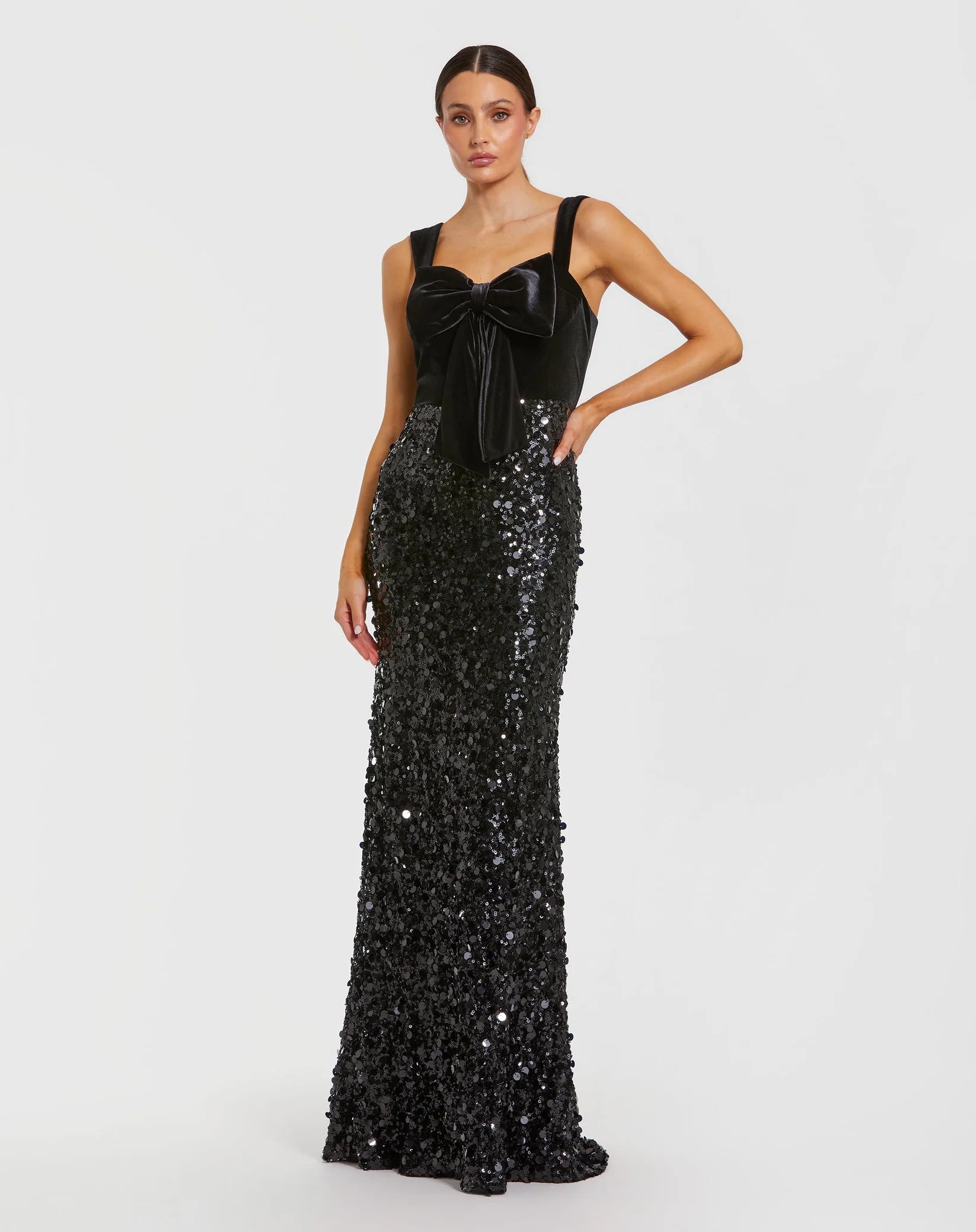 Mac Duggal Black Sleeveless Sequin Column Gown With Velvet Bow #27738
