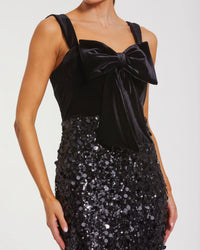Sleeveless Sequin Column Gown With Velvet Bow - Black