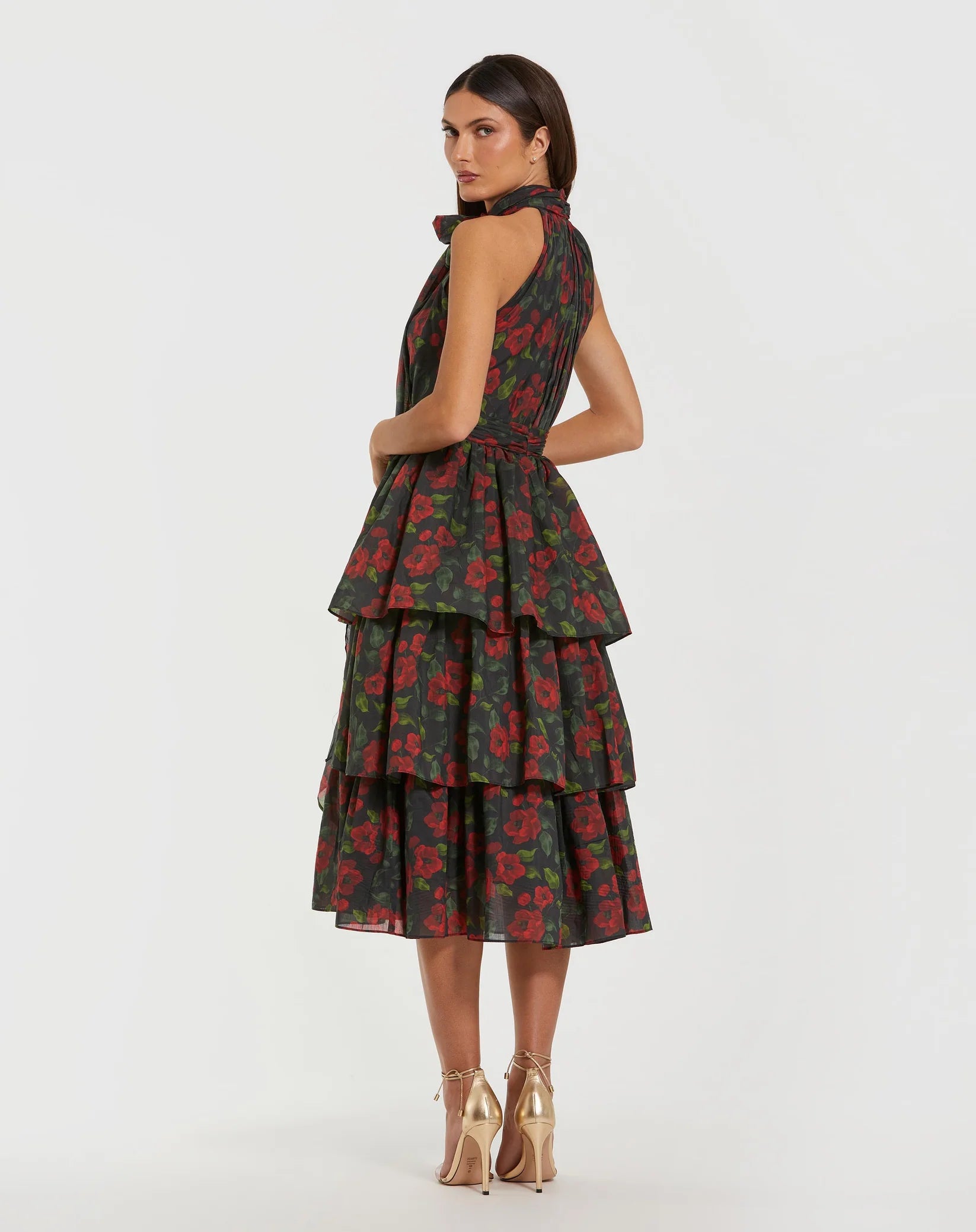 Floral Chiffon Tiered Midi Dress with Neck Bow - Black