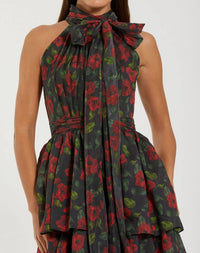 Floral Chiffon Tiered Midi Dress with Neck Bow - Black