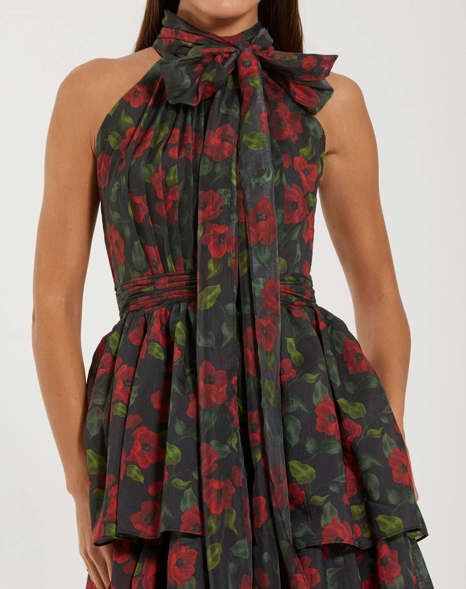 Floral Chiffon Tiered Midi Dress with Neck Bow - Black