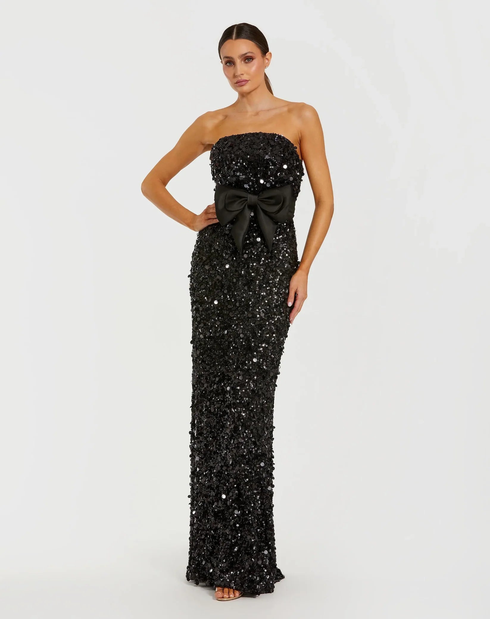 Mac Duggal Black Strapless Sequin Evening Gown With Bow #27761 Blac