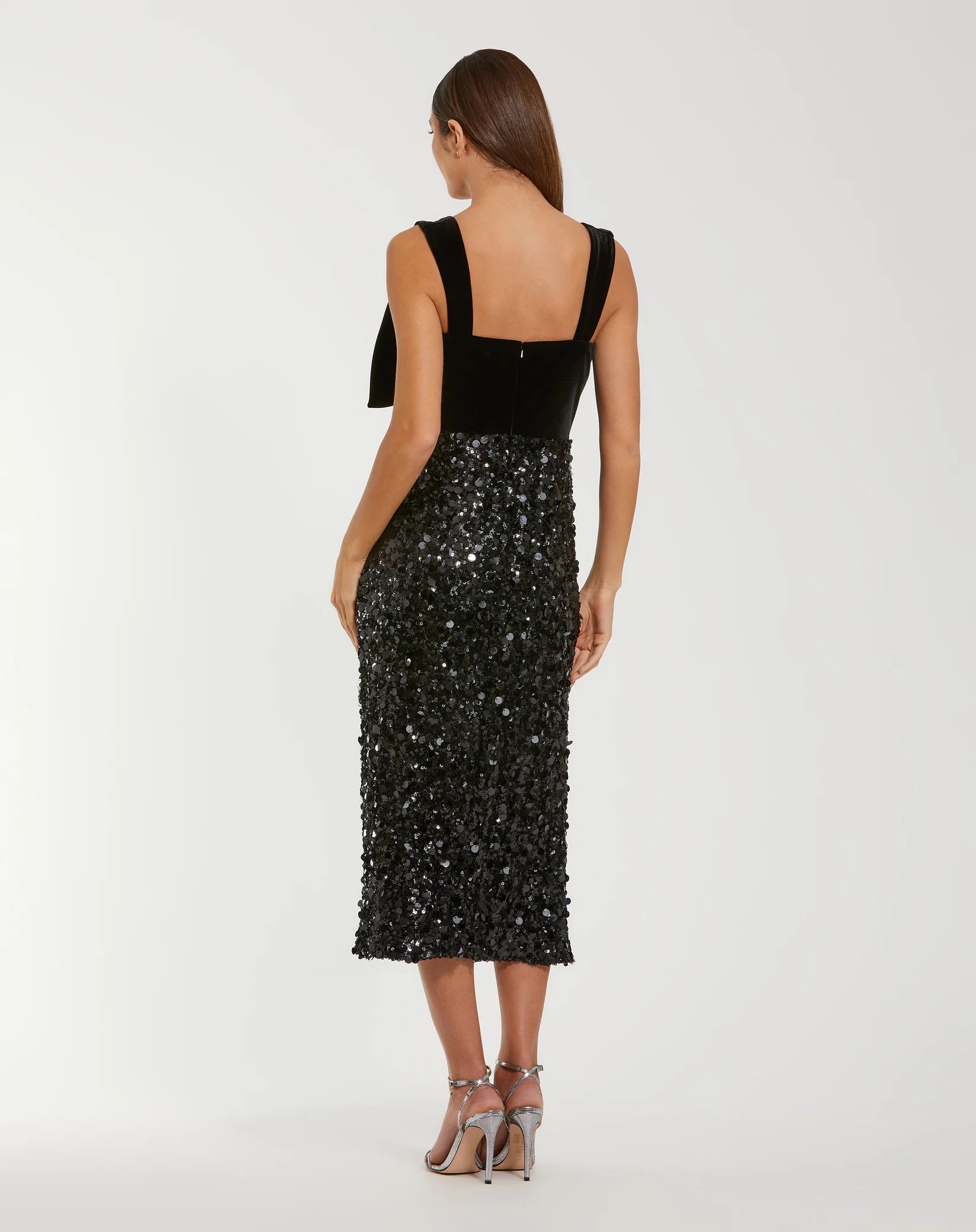 Sleeveless Sequin Midi Dress With Velvet Bow - Black
