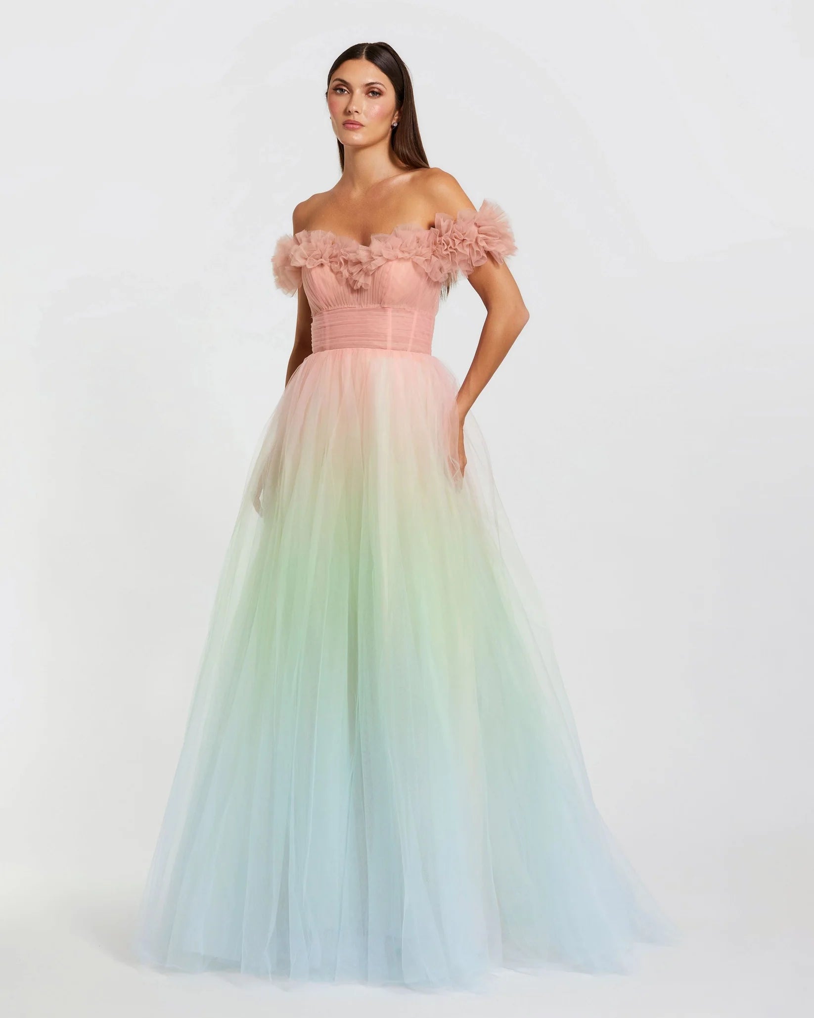 Mac Duggal Multicolor Off The Shoulder Ombre Tulle Ballgown Pink Sorbet #37002