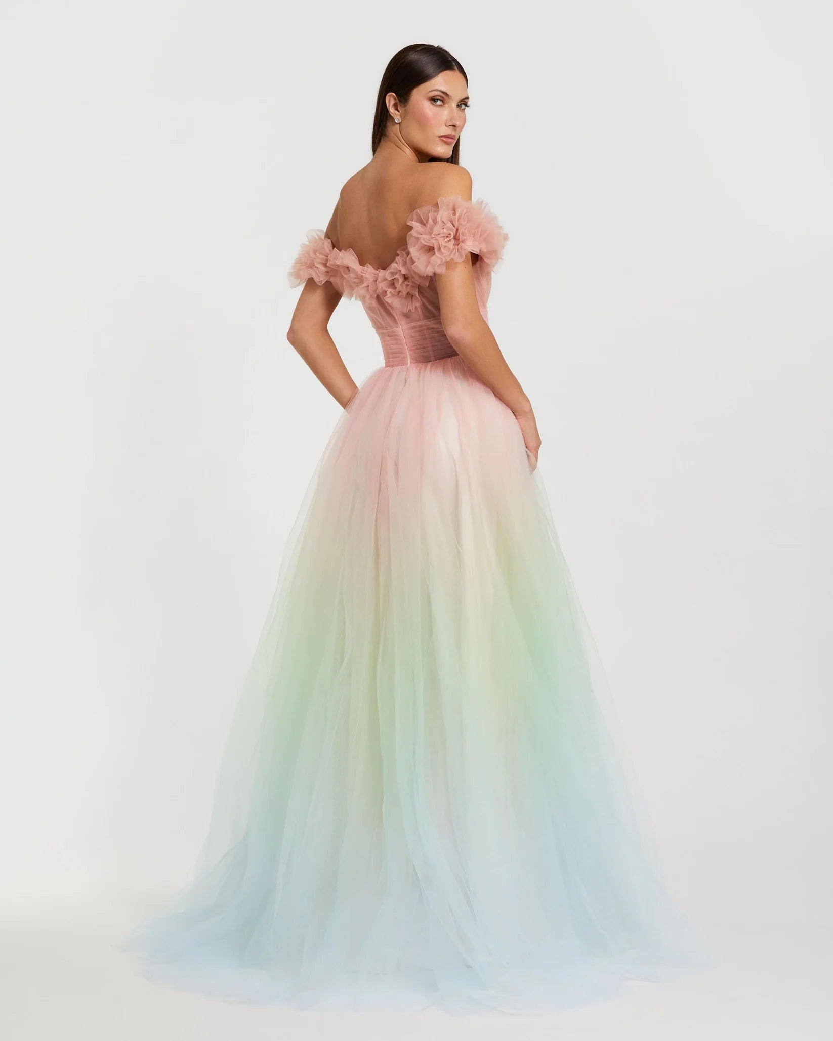 Multicolor Off The Shoulder Ombre Tulle Ballgown - Pink