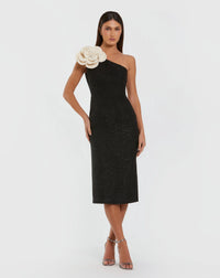 One Shoulder Boucle Midi Dress - Black