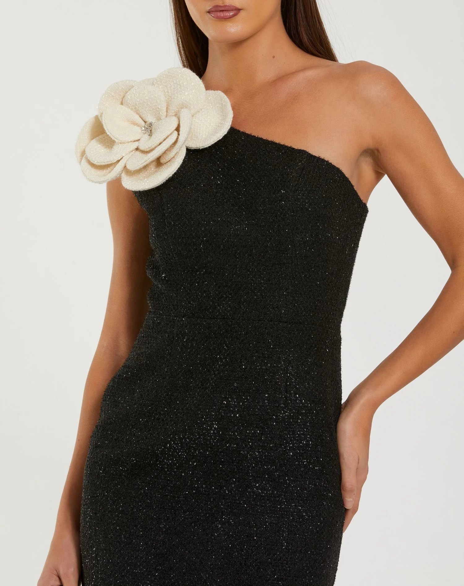 One Shoulder Boucle Midi Dress - Black
