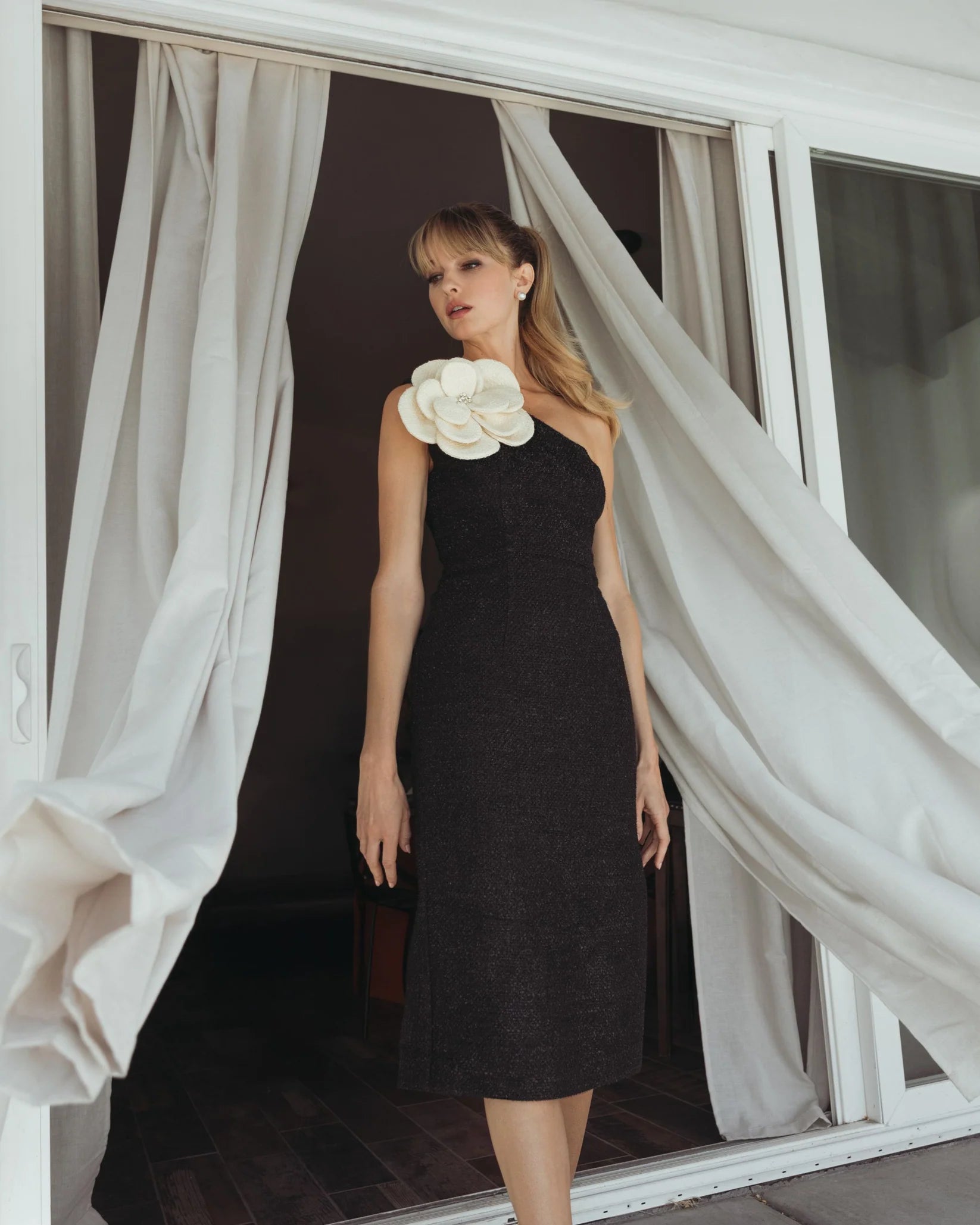 One Shoulder Boucle Midi Dress - Black