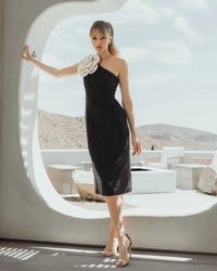 Mac Duggal Black One Shoulder Boucle Midi Dress With 3D Flower #37066