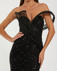 Embellished Strapless Gown with Sculptural Drape - Black