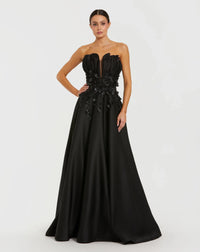 Mac Duggal Black Strapless Satin Floral Embellished Ball Gown #37134 Black