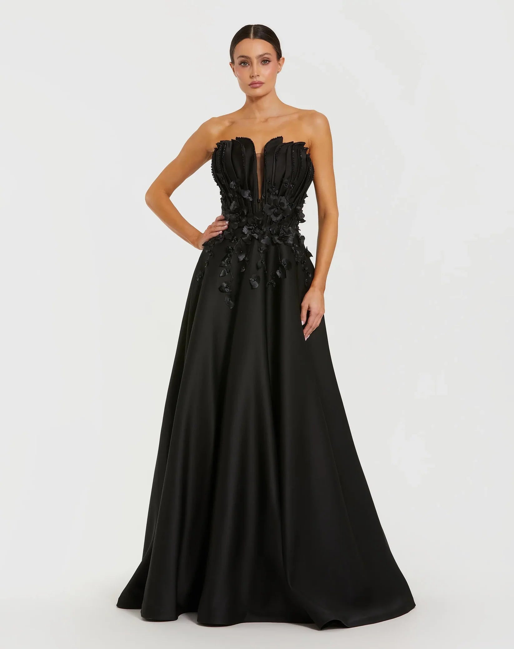 Mac Duggal Black Strapless Satin Floral Embellished Ball Gown #37134 Black