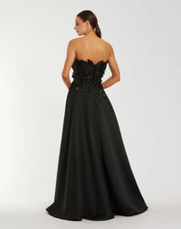Strapless Satin Floral Embellished Ball Gown - Black