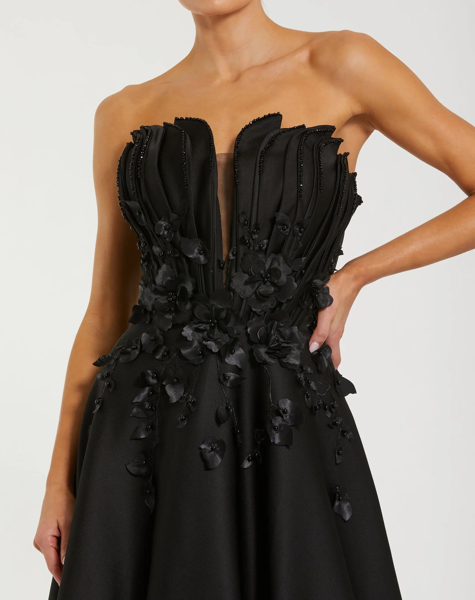 Strapless Satin Floral Embellished Ball Gown - Black