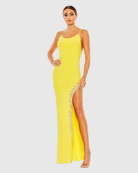Mac Duggal Yellow Rhinestone Encrusted Side Slit Cami Bodycon Gown #42002