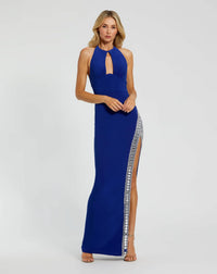 Mac Duggal, Jersey halterneck beaded split detail gown - Cobalt #42053