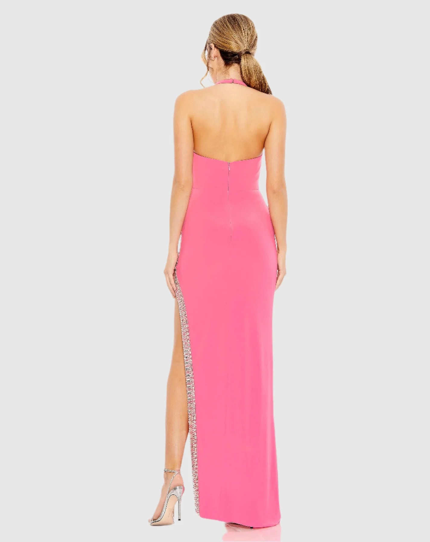 Jersey halterneck beaded split detail gown - Candy Pink