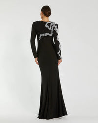 Jersey Evening Gown with Beaded Swirl Detail - Black
