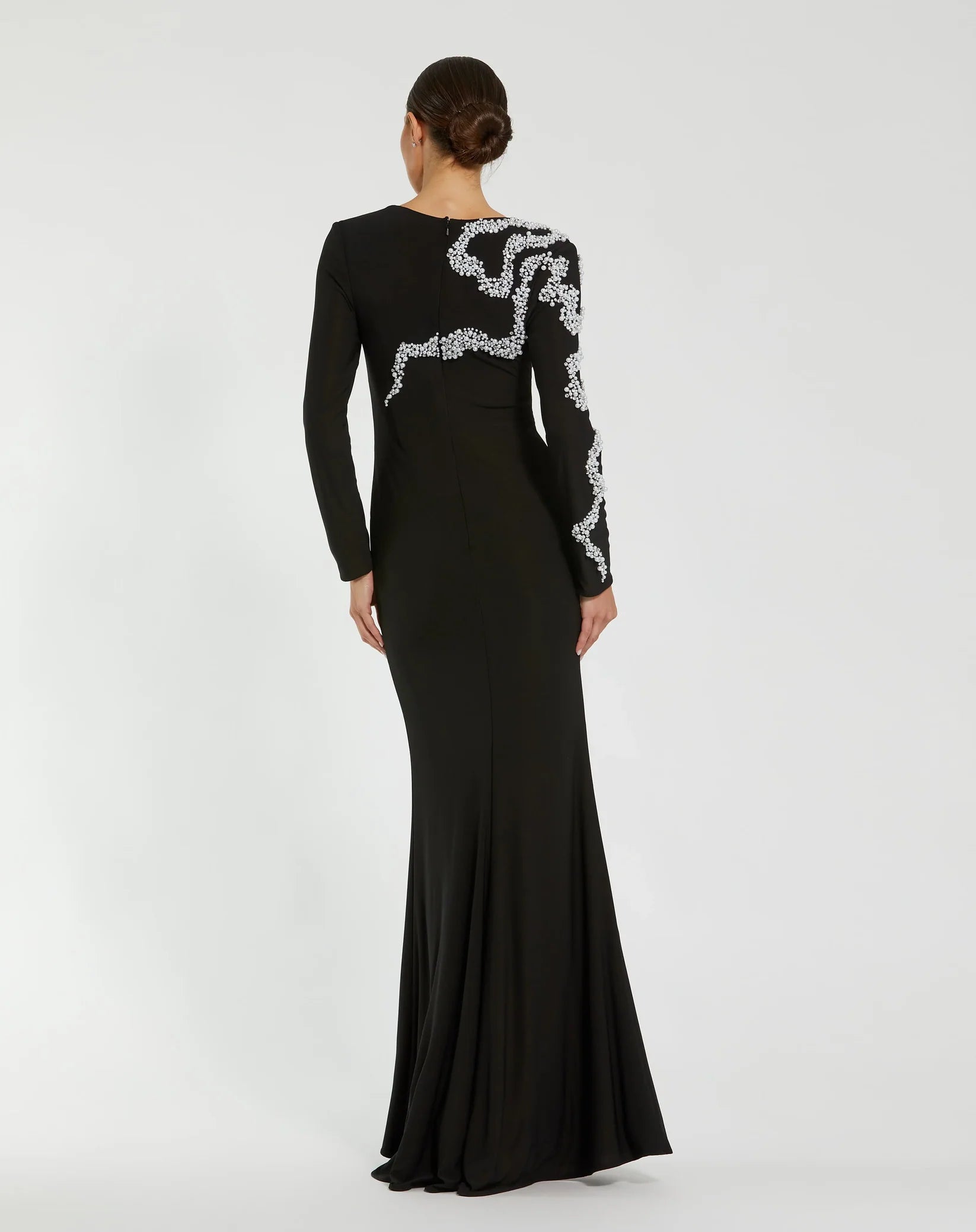 Jersey Evening Gown with Beaded Swirl Detail - Black