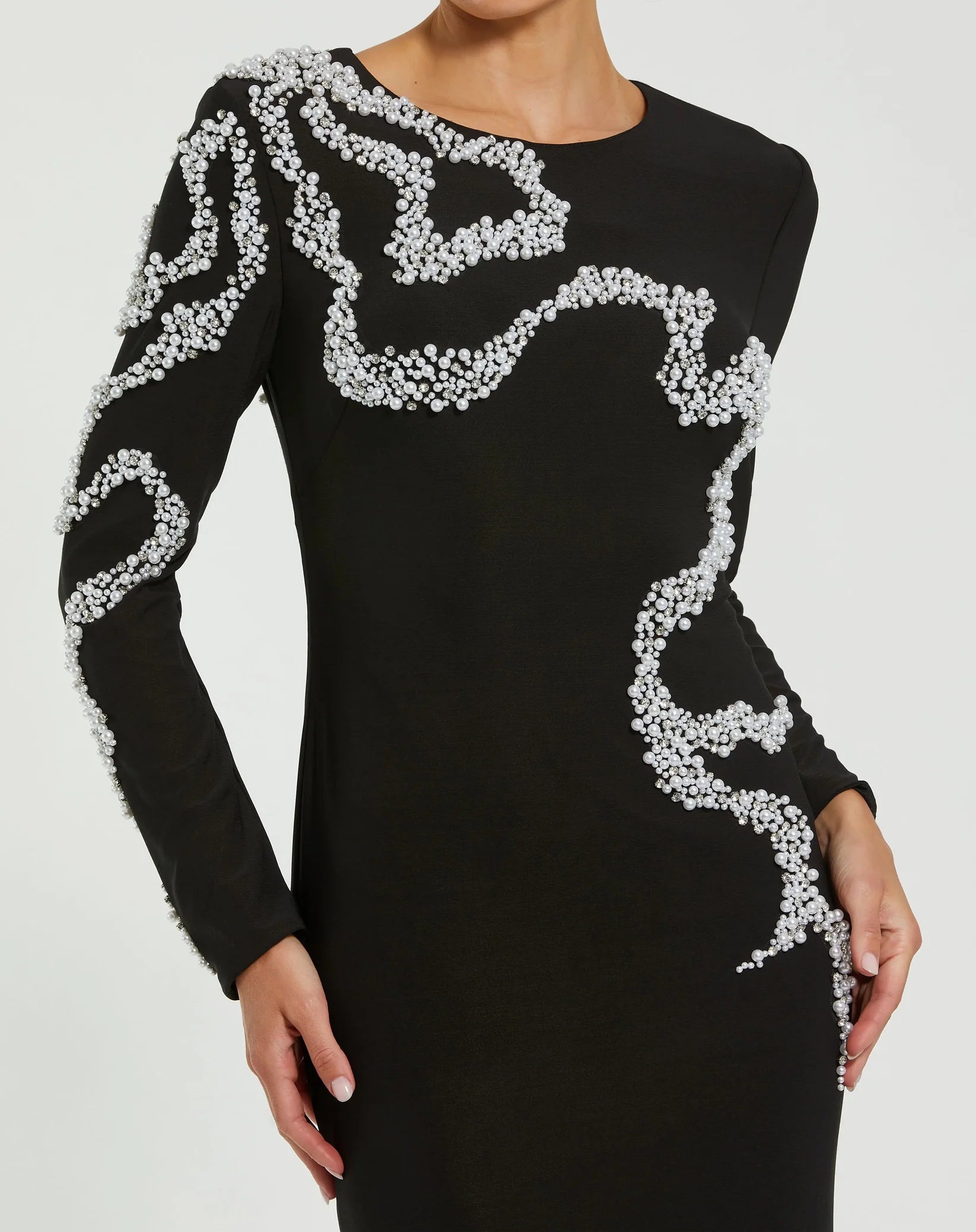 Jersey Evening Gown with Beaded Swirl Detail - Black