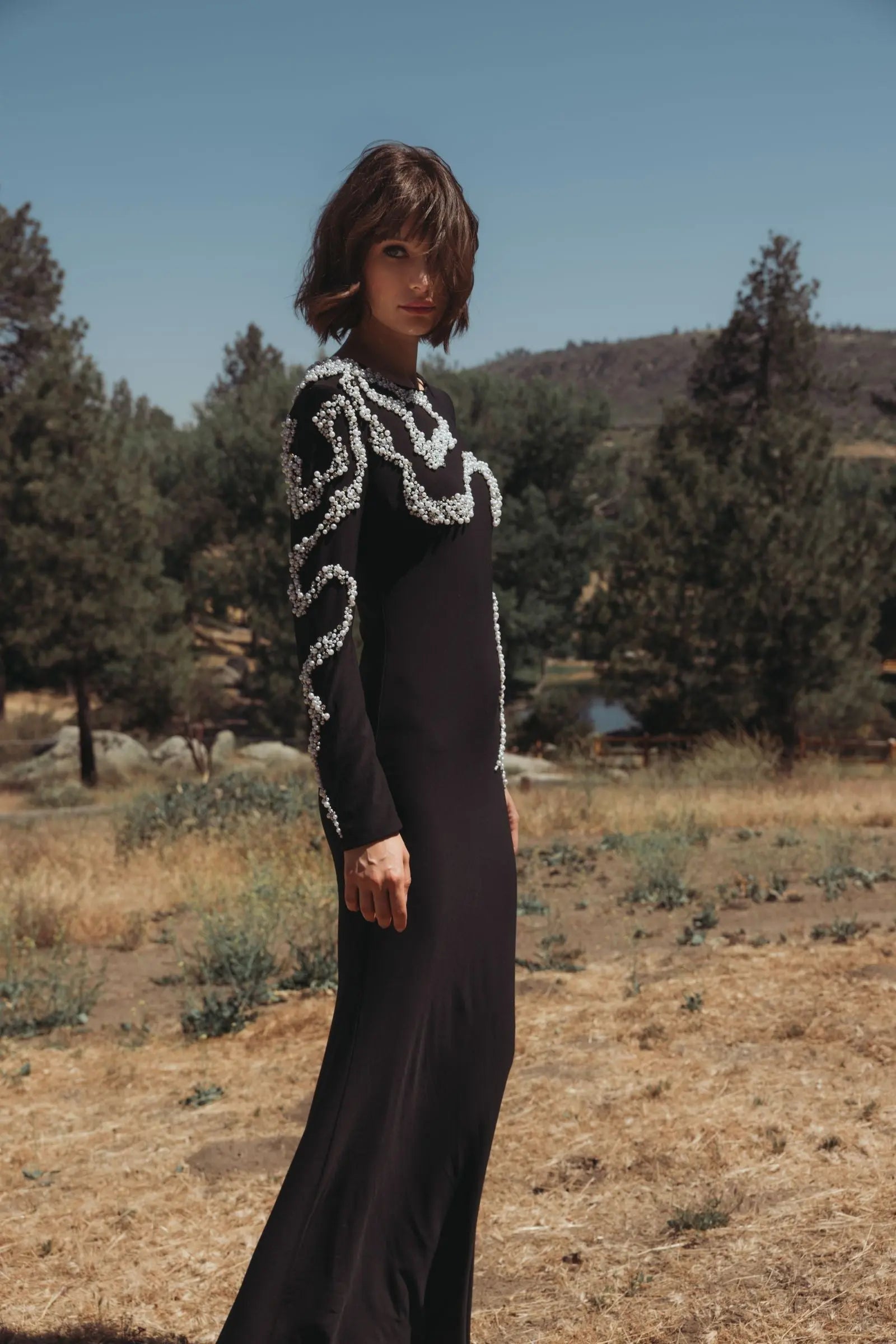 Jersey Evening Gown with Beaded Swirl Detail - Black