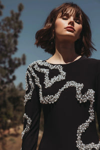 Jersey Evening Gown with Beaded Swirl Detail - Black