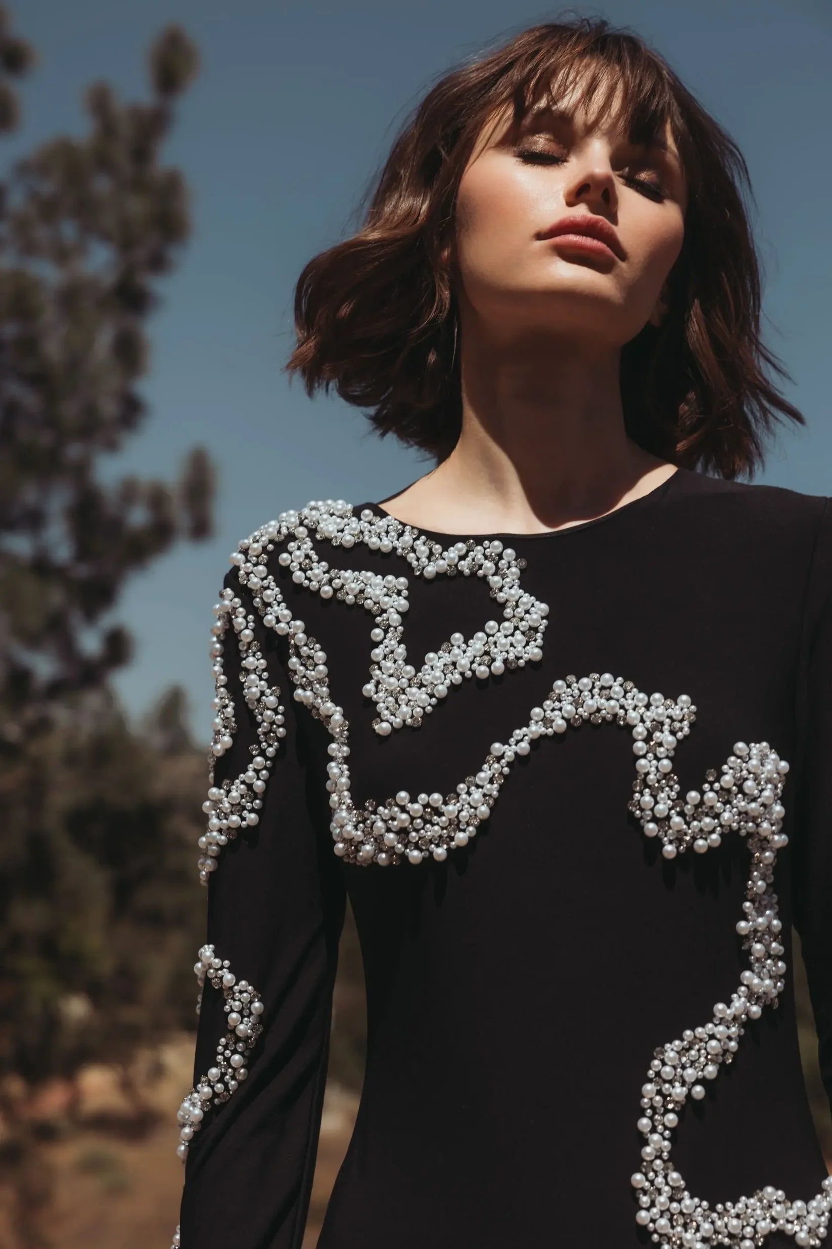 Jersey Evening Gown with Beaded Swirl Detail - Black