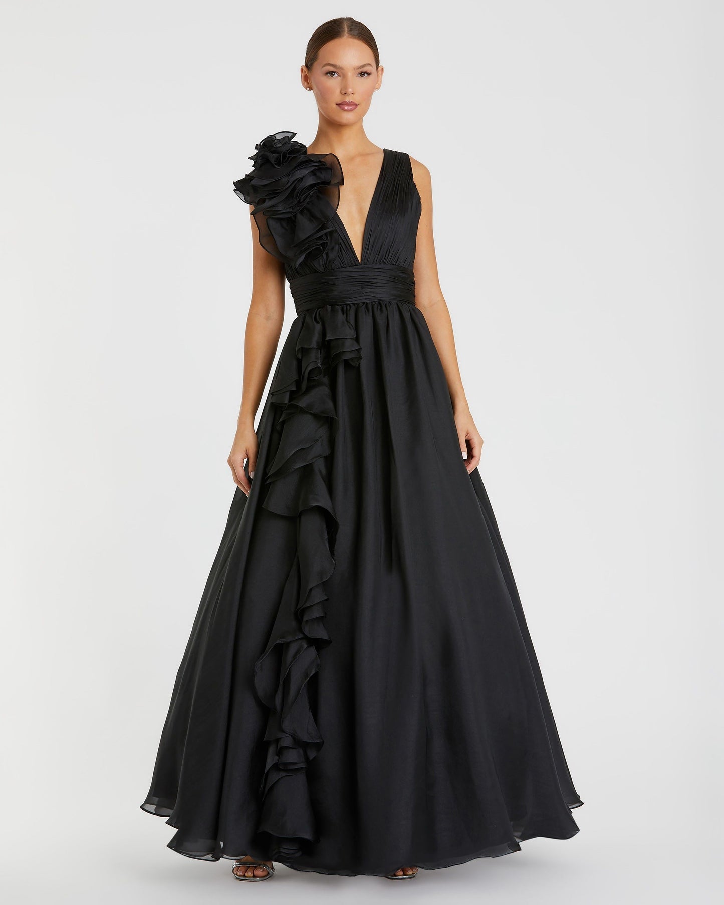 Mac Duggal, Shoulder Detail Ruffle A Line Gown - Black  #48856
